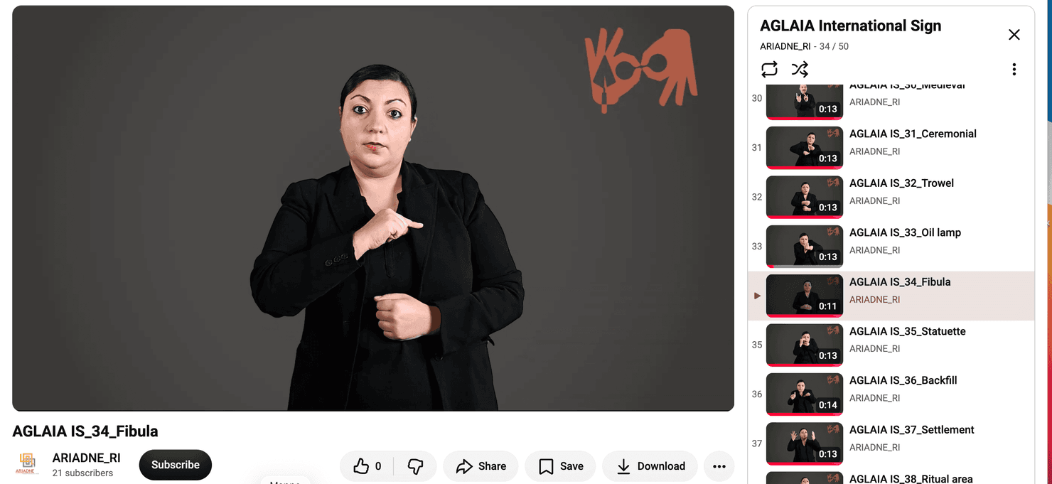Schermata del canale YouTube di ARIADNE_RI: un'interprete segna in International Sign il termine «fibula»; nella colonna a destra scorrono i video della playlist del glossario.