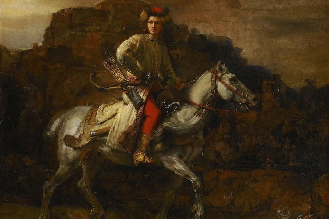 Rembrandt's painting of a young rider in traditional clothing on a white horse, crossing a dark, twilight hilly landscape.