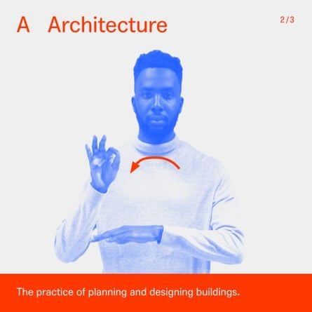 Immagine didattica dedicata al termine “Architecture”, con una persona che esegue un segno con entrambe le mani. Una freccia rossa indica il movimento previsto dal segno; in basso compare la definizione in inglese del termine.