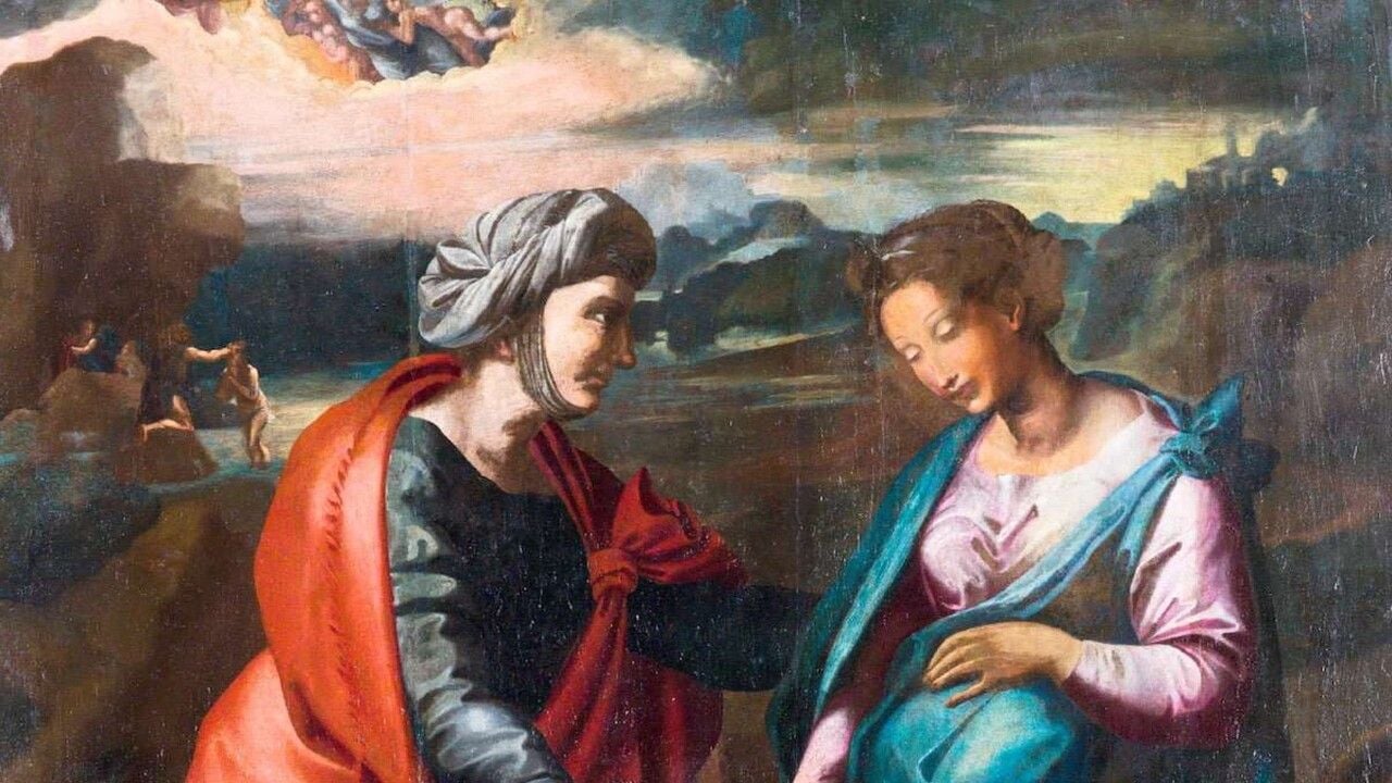 Dipinto raffigurante due donne in abiti d’epoca, una di fronte all’altra in un paesaggio naturale. La donna a sinistra indossa un copricapo e un mantello rosso, mentre quella a destra porta un abito rosa e un drappo azzurro. Sullo sfondo si intravedono alcune figure e un paesaggio al tramonto.
