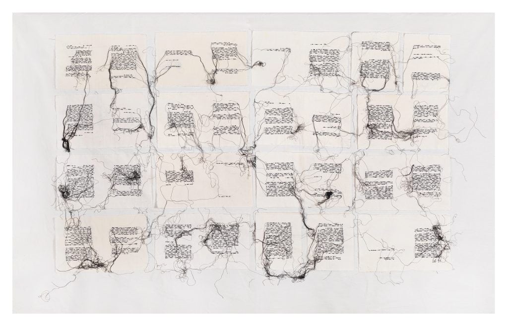 Composizione artistica con numerosi frammenti di testo disposti su una superficie chiara e collegati tra loro da fili sottili e aggrovigliati.