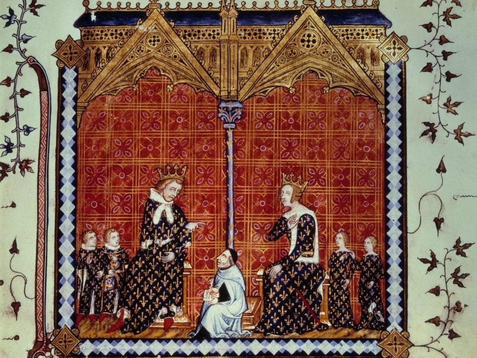 Medieval miniature depicting two rulers seated facing each other, accompanied by other figures in royal and religious attire. The scene takes place in front of a decorated building, with a red geometric-patterned background and a border adorned with vegetal motifs.