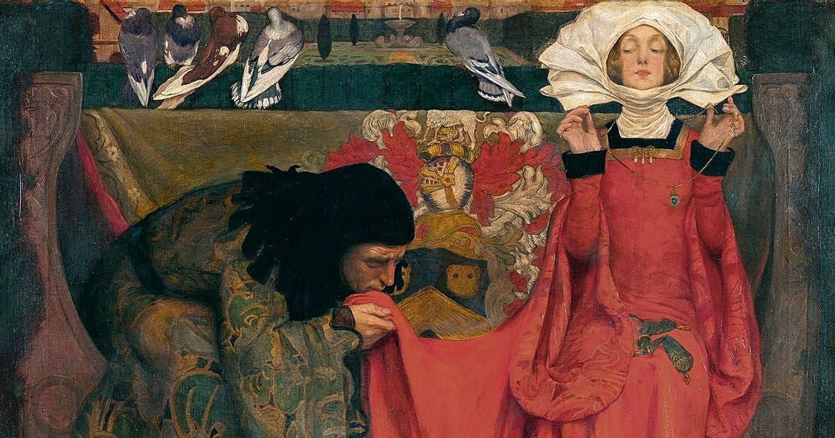 Dipinto raffigurante una donna in abito rosso con un ampio copricapo bianco, mentre tiene tra le mani una lunga collana. Accanto a lei, un uomo in abiti riccamente decorati si china a baciare il tessuto del suo vestito. Sullo sfondo compaiono motivi ornamentali e alcuni uccelli appollaiati.