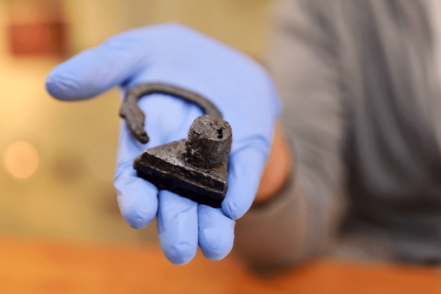 17th-century triangular iron padlock, discovered during an archaeological excavation in Pień, Poland.