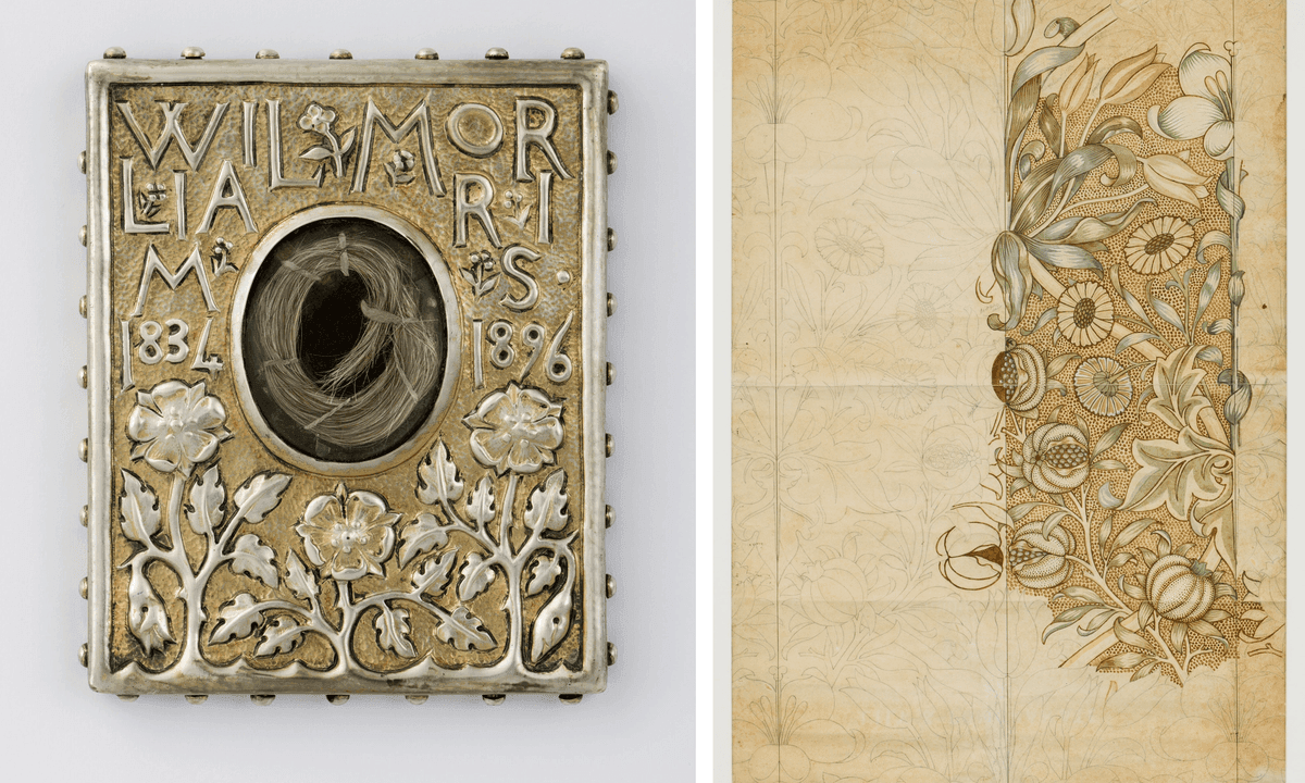 Due opere legate a William Morris: a sinistra, un oggetto commemorativo in metallo con decorazioni floreali e una ciocca di capelli; a destra, un disegno botanico con fiori e foglie, parzialmente colorato.